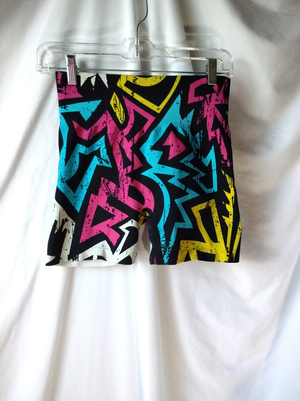 Bold Graffiti Print Bike Shorts - Neon Pink, Blue & Yellow